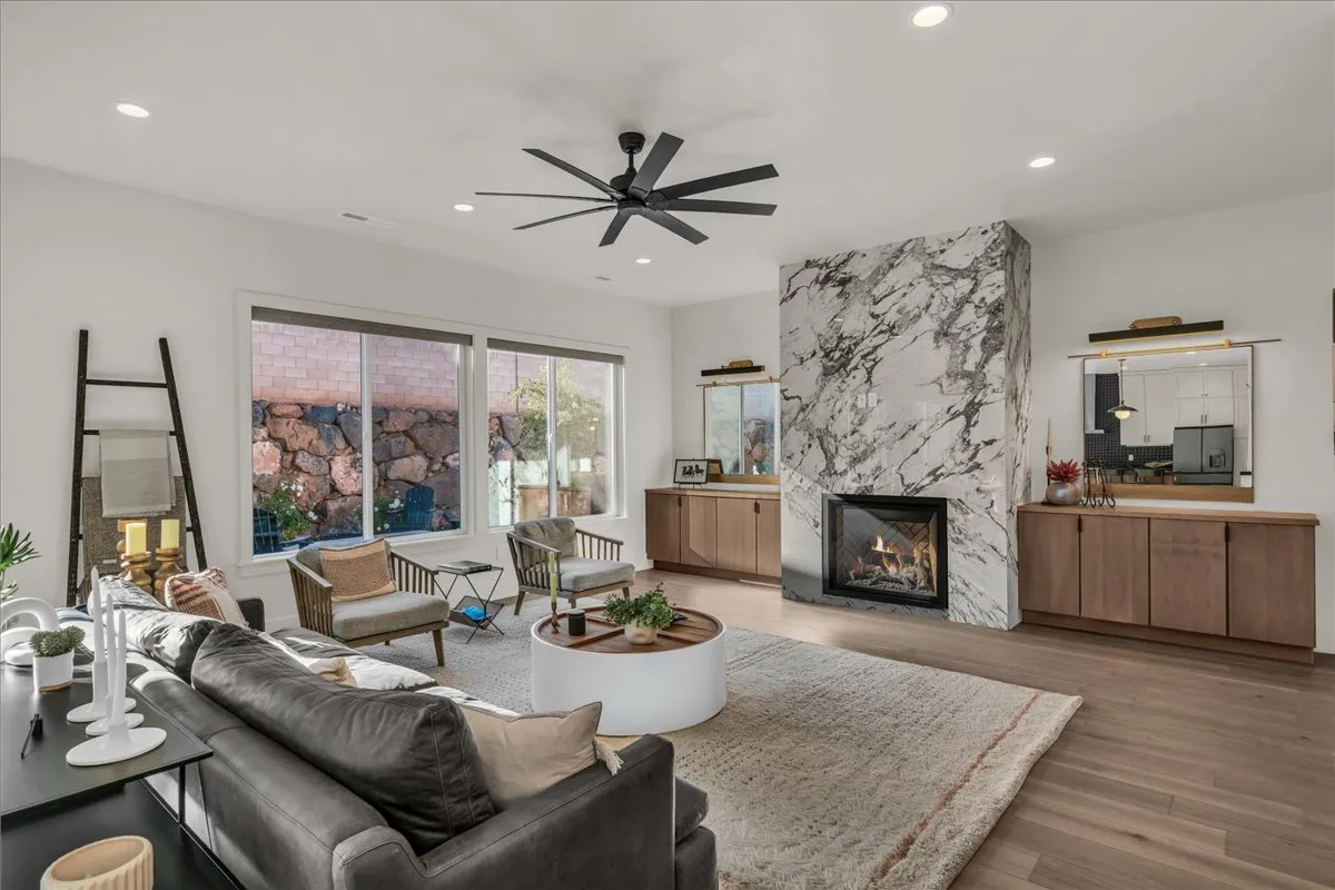 Open-concept living room with natural light